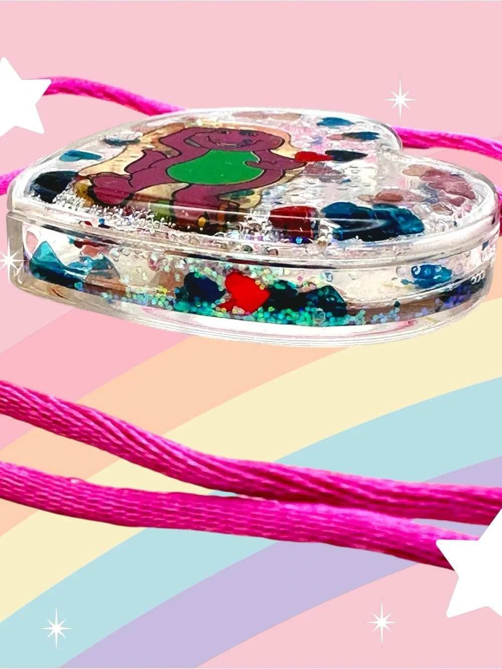 Millennial Kids Barney Dinosaur Glitter Heart Pendant Necklace Nostalgic Y2K PBS